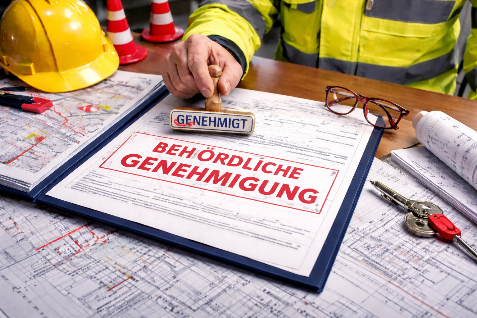 Behördliche Genehmigung mit Stempel und Unterlagen