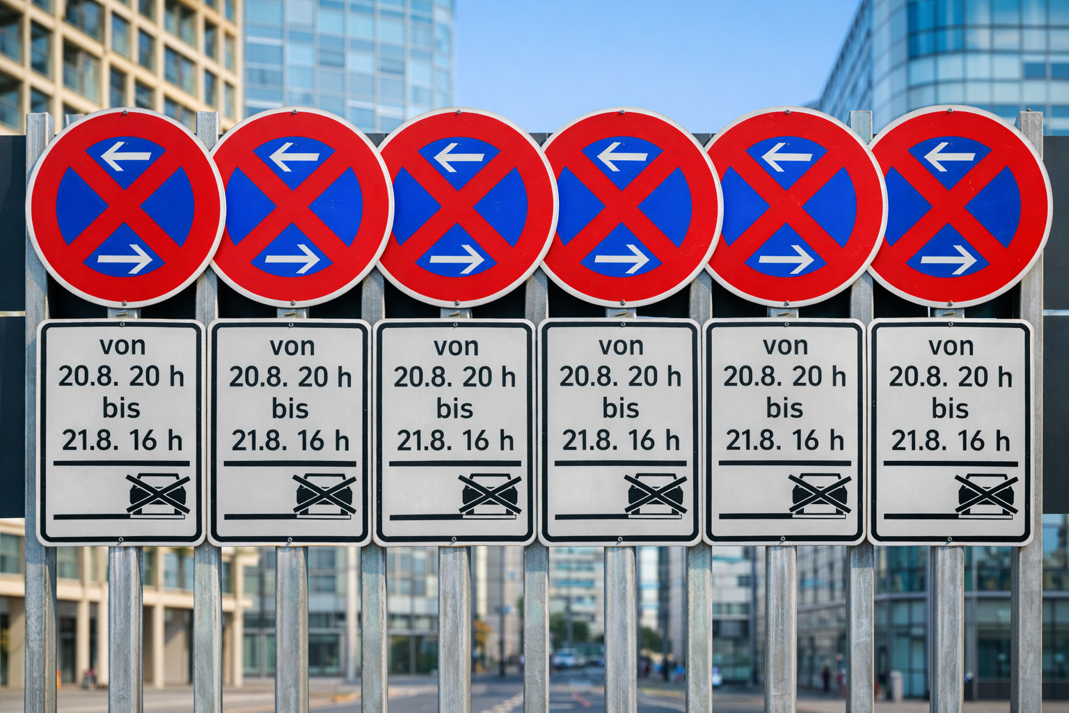 Reihe von Halteverbotsschildern in einer Straße