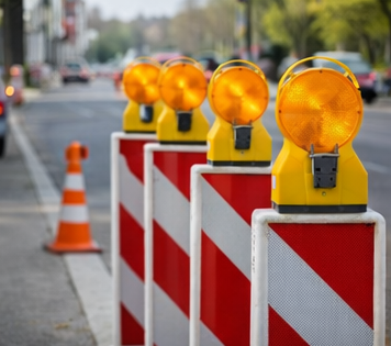 Verkehrssicherung mit Warnbaken und gelben Warnleuchten an einer Straße