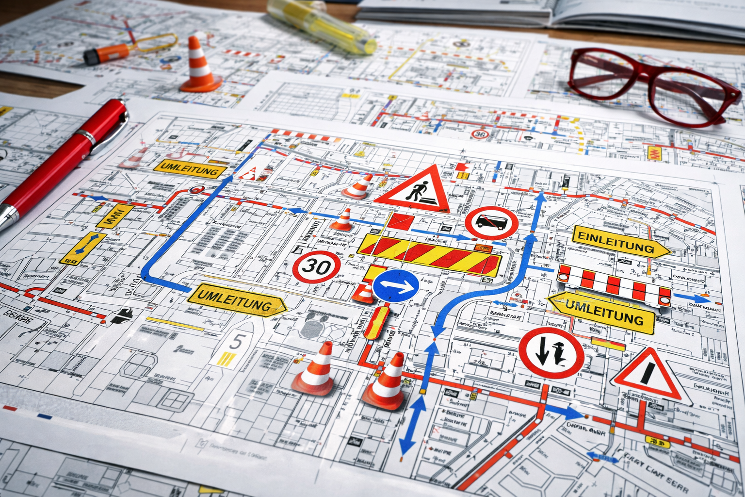 Planung von Umleitungen und Verkehrsführung auf Stadtplänen